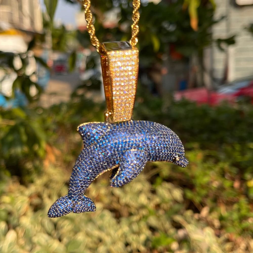 Iced Out Dolphin Necklace for Men Two Tone Pendant